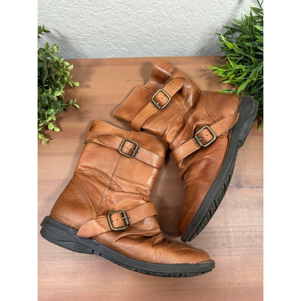 Miz Mooz Women's Pasha Wide Leather Buckled Mid Boots‎ Brandy Size 38 US 7.5-8